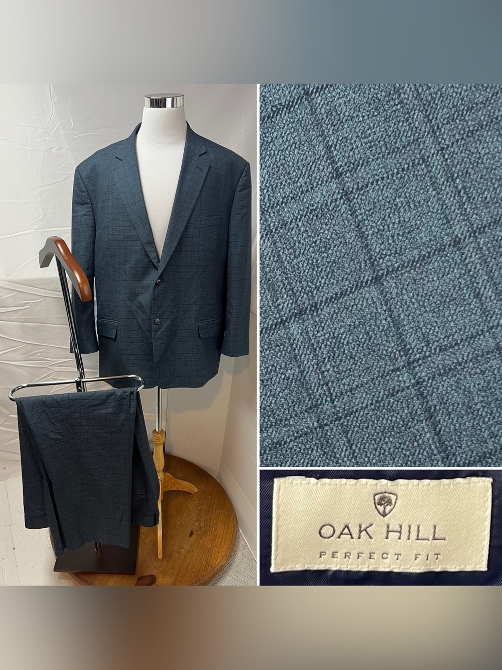 Oak Hill Men's 52R Blazer Jacket 48x28 Pants Blue Plaid Perfect Fit Suit